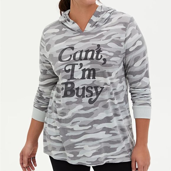 torrid Tops - Torrid 1X 2X Shirt Hoodie Grey Camo Can't I'm Busy